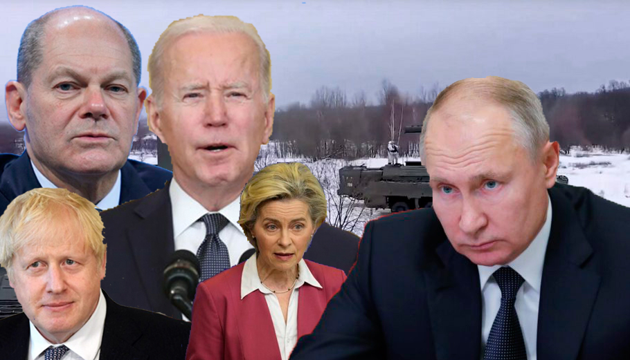 Οι Μπόρις Τζόνσον, Όλαφ Σολτς, Τζο Μπάιντεν, Ούρσουλα φον ντερ Λάιεν και ο Βλαντίμιρ Πούτιν με φόντο τα ρωσικά στρατεύματα στην Ουκρανία © EPA / Powergame.gr