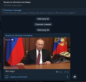 Κανάλι ζωντανών ειδήσεων "Russia vs. Ukraine Live news" με πάνω από 110K χρήστες στο Telegram © Check Point Research