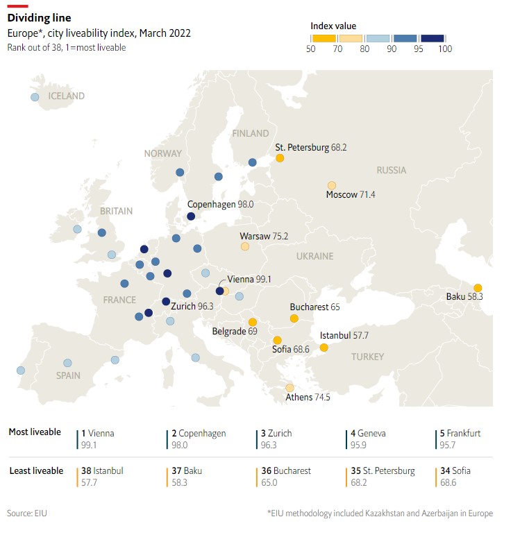Ο χάρτης της βιωσιμότητας των πόλεων © Economist