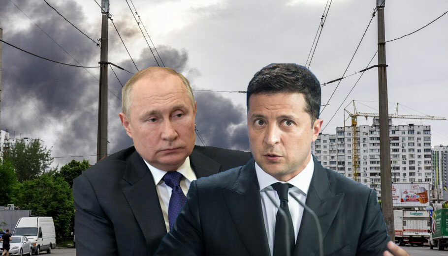 Πούτιν και Ζελένσκι με φόντο το βομβαρδισμένο Κίεβο © EPA/OLEG PETRASYUK / ALEXEI NIKOLSKY / KREMLIN POOL / SPUTNIK / STEFANIE LOOS / POOL – powergame.gr