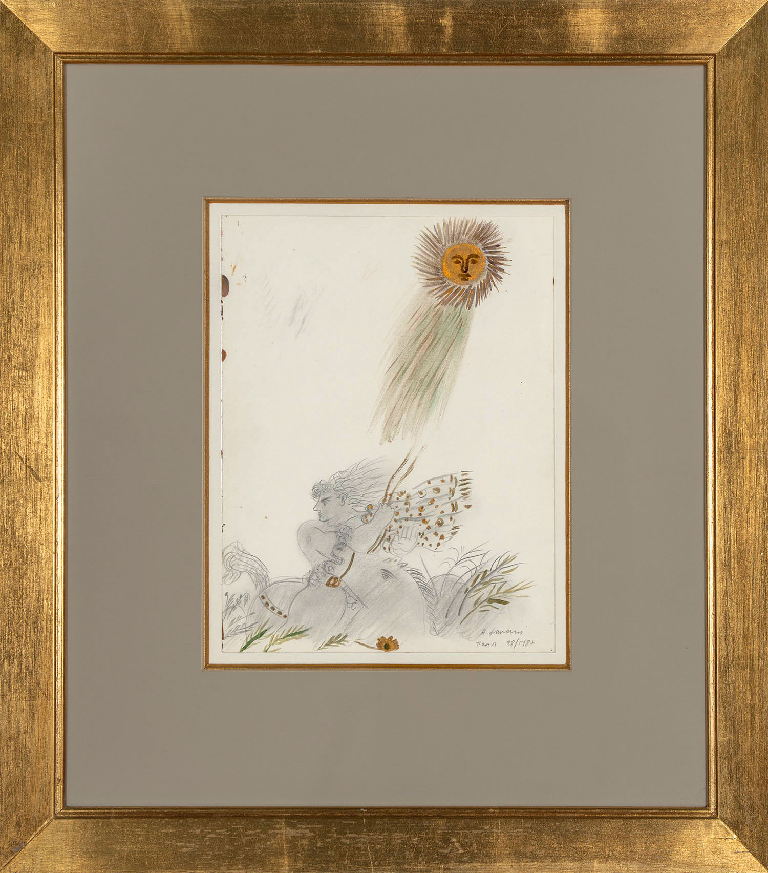 Αλέκος Φασιανός (1935-2022), Χρυσός ήλιος | υπογεγραμμένο και χρονολογημένο κάτω δεξιά: Α. Φασιανός / Παρίσι 28/5/87, υδατογραφία, μολύβι και χρυσό χρώμα σε χαρτί, 31,5 x 24 εκ. © VERGOS Auctions