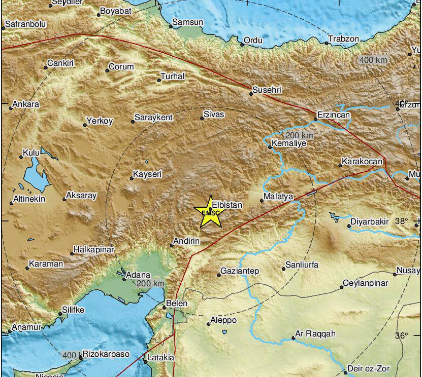 Το επίκεντρο του νέου ισχυρού σεισμού 7,5 Ρίχτερ στη ΝΑ Τουρκία © emsc-csem.org
