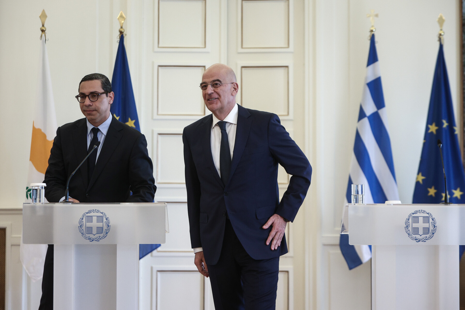 Οι υπουργοί Εξωτερικών Κύπρου και Ελλάδας, Κωνσταντίνος Κόμπος και Νίκος Δένδιας © (ΒΑΣΙΛΗΣ ΡΕΜΠΑΠΗΣ/EUROKINISSI)