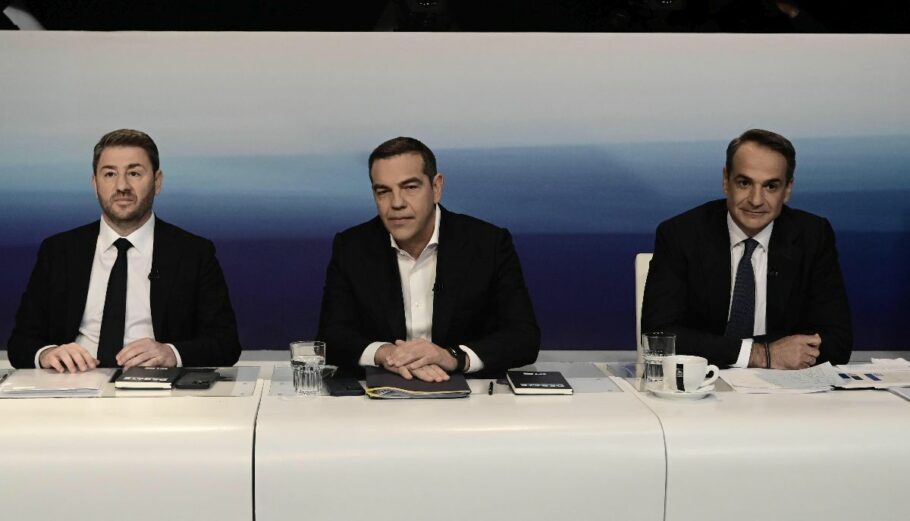 Ανδρουλάκης, Τσίπρας και Μητσοτάκης στο debate των πολιτικών αρχηγών © EUROKINISSI / ΜΙΧΑΛΗΣ ΚΑΡΑΓΙΑΝΝΗΣ
