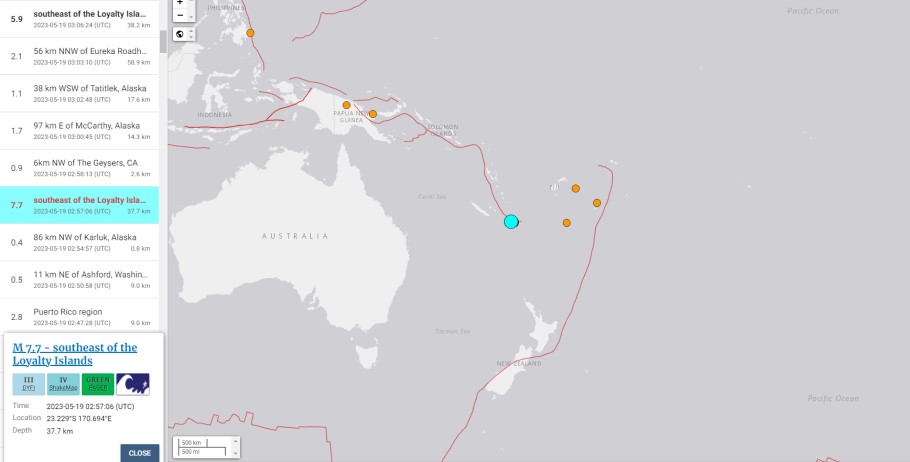 Χάρτης του USGS με το επίκεντρο του ισχυρού σεισμού των 7,7R στη Νέα Καληδονία © earthquake.usgs.gov