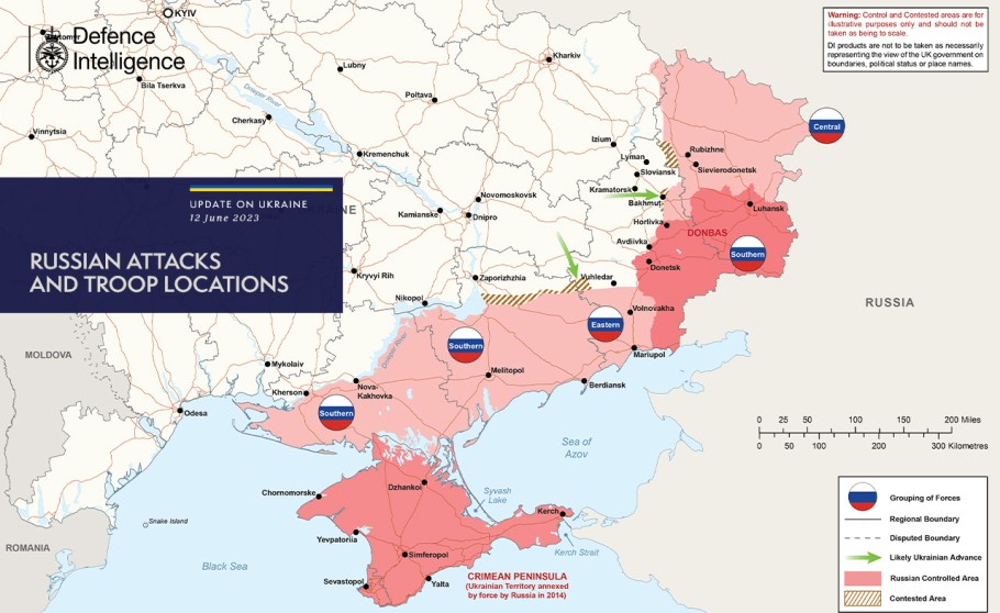 Χάρτης του υπουργείου Άμυνας της Βρετανίας που δείχνει τις περιοχές όπου βρίσκεται σε εξέλιξη η ουκρανική αντεπίθεση και τα κατεχόμενα -από τη Ρωσία- εδάφη © @DefenceHQ/Twitter