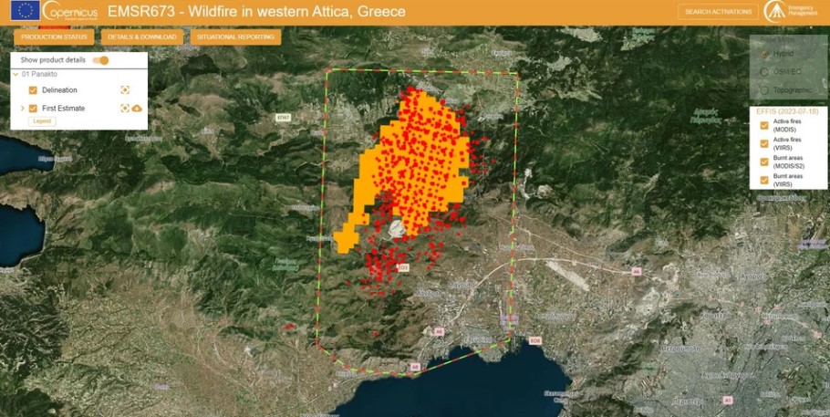 Η φωτιά και οι καμένες εκτάσεις σε Δερβενοχώρια και Μάνδρα μέσω ευρωπαϊκού δορυφόρου © copernicus.eu