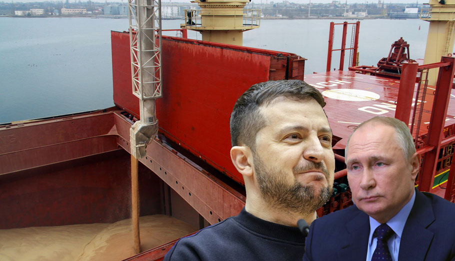 Ζελένσκι και Πούτιν με φόντο πλοίο που φορτώνει ουκρανικά σιτηρά στο λιμάνι της Οδησσού © EPA/IGOR TKACHENKO - JULIEN WARNAND - SPUTNIK / KREMLIN - PowerGame.gr