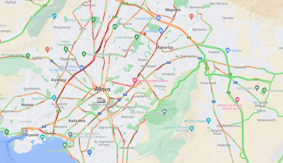 Κίνηση στους δρόμους της Αθήνας και της Αττικής ελέω κακοκαιρίας Elias © Google maps