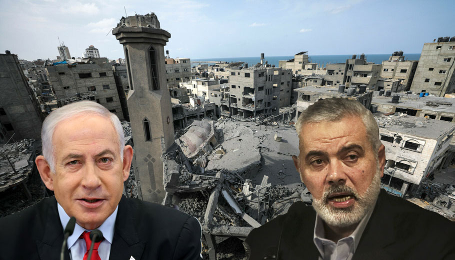 O Ισραηλινός πρωθυπουργός Μπέντζαμιν Νετανιάχου και ο ηγέτης της Χαμάς Ισμαήλ Χανίγια, με φόντο περιοχή στη Γάζα όπου ζουν Ισραηλινοί μετά την επίθεση της Χαμάς © EPA/MOHAMMED SABER - EPA/ALI ALI - EPA/ABIR SULTAN / POOL - PowerGame.gr