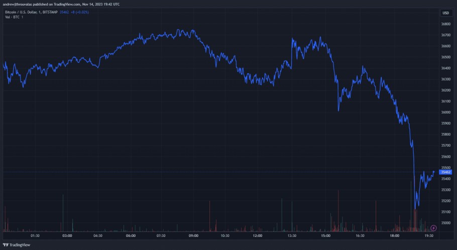 Διάγραμμα με την τιμή του Bitcoin στην αγορά crypto το τελευταίο 24ωρο © TradingView