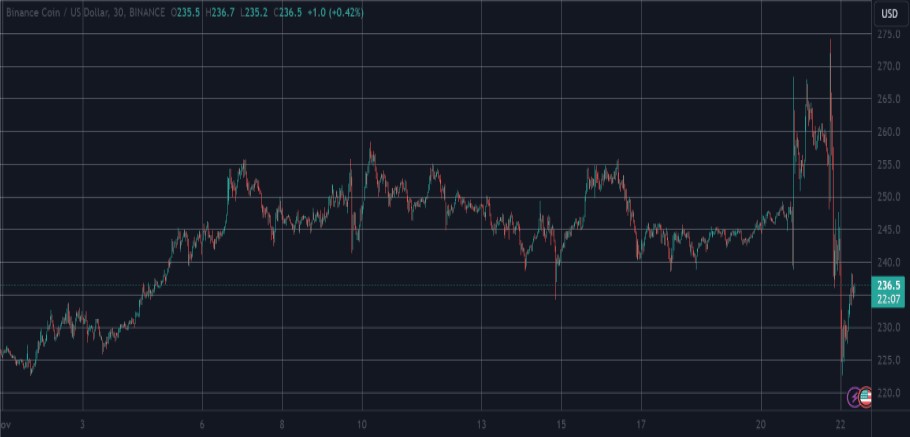 Διάγραμμα με την πορεία του Binance Coin στην αγορά crypto το τελευταίο 24ωρο © Trading View
