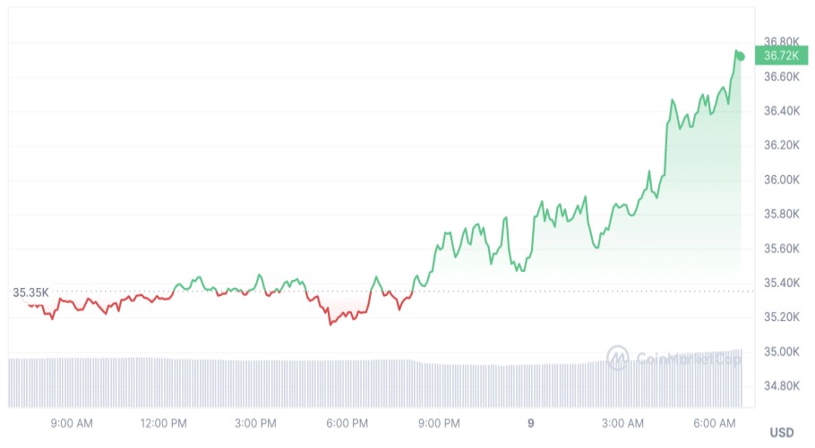 Διάγραμμα με την άνοδο του Bitcoin πάνω από τις 36.500 δολάρια στην αγορά crypto © CoinMarketCap