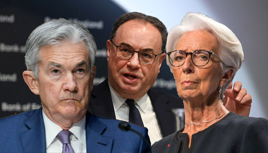 Οι επικεφαλης των Fed, EKT και Τράπεζας της Αγγλίας, Τζέρομ Πάουελ, Άντριου Μπέιλι και Κριστίν Λαγκάρντ © EPA/SUSAN WALSH/ POOL - EPA/ ANDY RAIN / CHRISTOPHE PETIT TESSON – PowerGame.gr