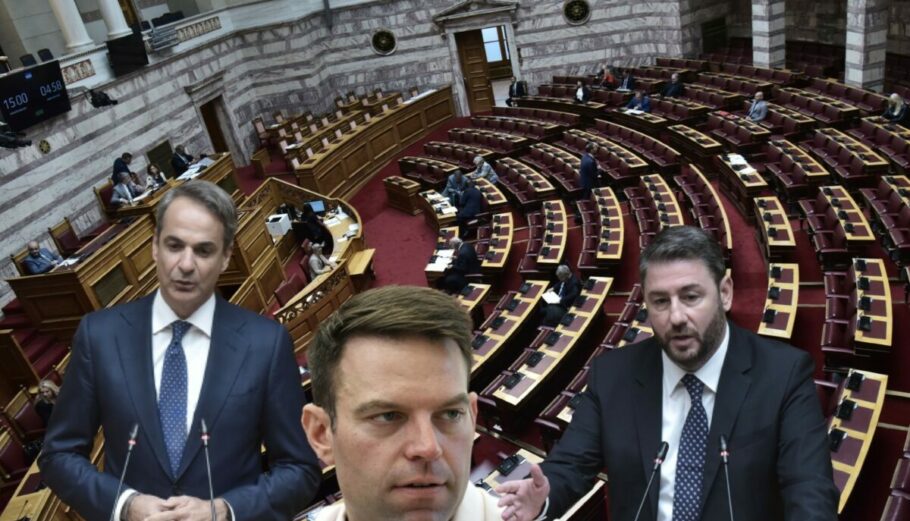 Ο Κυριάκος Μητσοτάκης, ο Στέφανος Κασσελάκης και ο Νίκος Ανδρουλάκης © InTime / powergame.gr