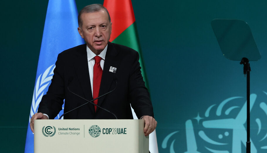 O Ταγίπ Ερντογάν από το βήμα της Συνόδου Κορυφής για την Παγκόσμια Δράση για το κλίμα, COP28©EPA/ALI HAIDER