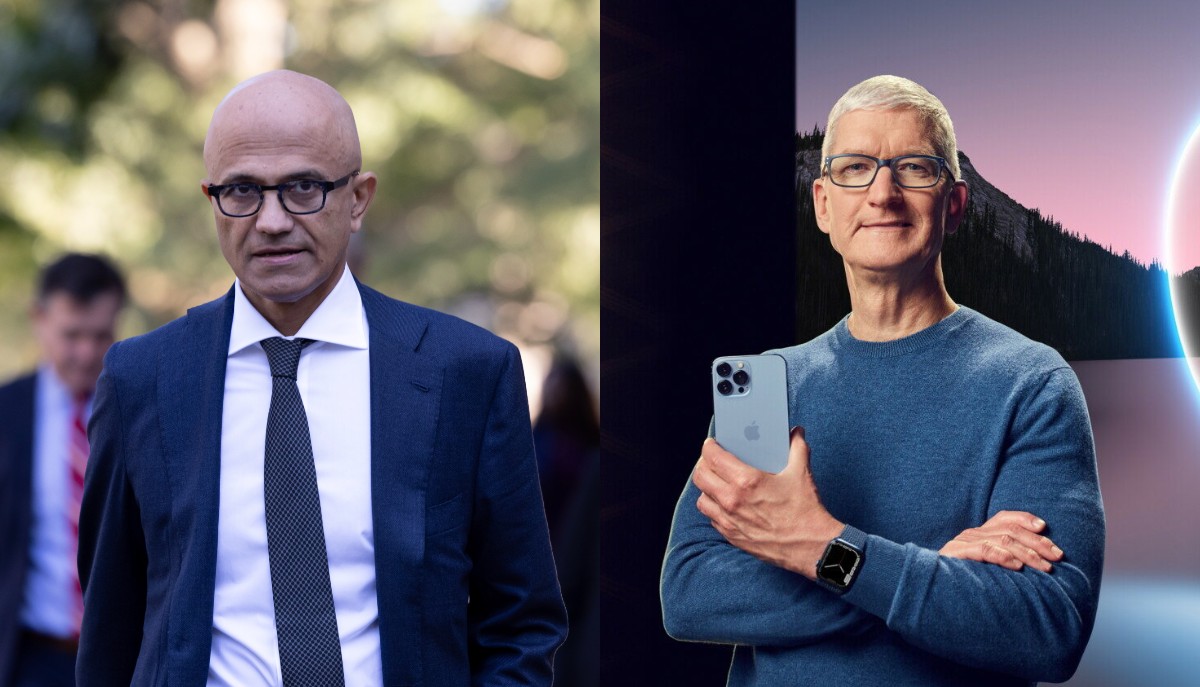 Σάτια Ναντέλα της Microsoft και Τιμ Κουκ της Apple © EPA/MICHAEL REYNOLDS / EPA/APPLE INC / PowerGame.gr