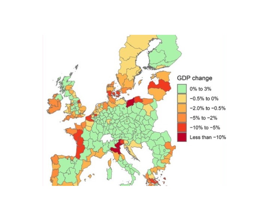 Χάρτης της Ευρώπης με τον βαθμό επηρεασμού του ΑΕΠ ανά περιοχή από την άνοδο της θάλασσας © ΑΠΕ-ΜΠΕ