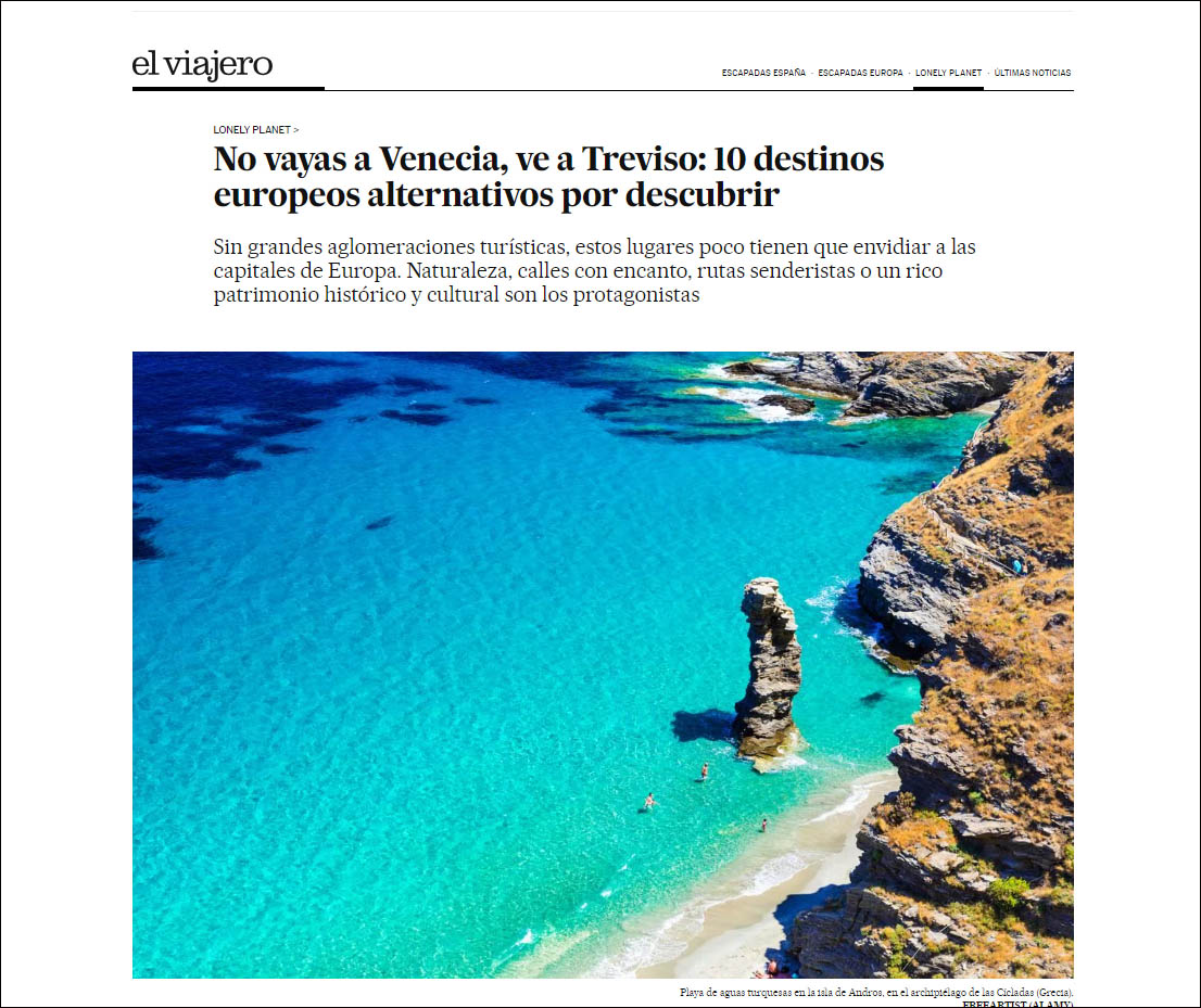 Η κεντρική φωτογραφία του ρεπορτάζ της εφημερίδας El Pais είναι από την παραλία της Άνδρου «Της Γριάς το Πήδημα» 