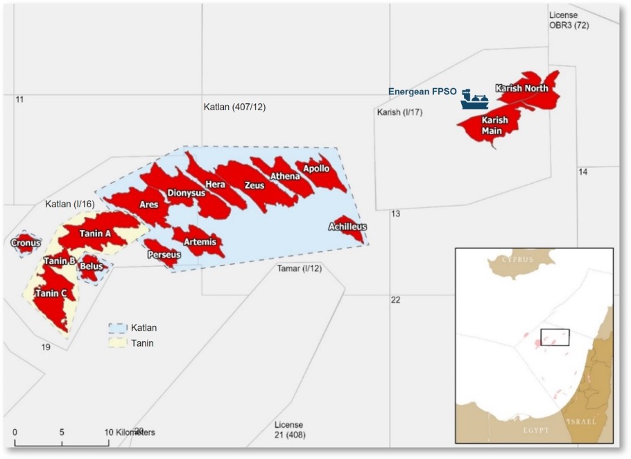 Χάρτης με τα κοιτάσματα της Energean στα ανοιχτά του Ισραήλ © ΔΤ