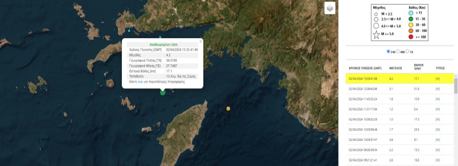 Χάρτης με το επίκεντρο του σεισμού στη Ρόδο © gein.noa.gr