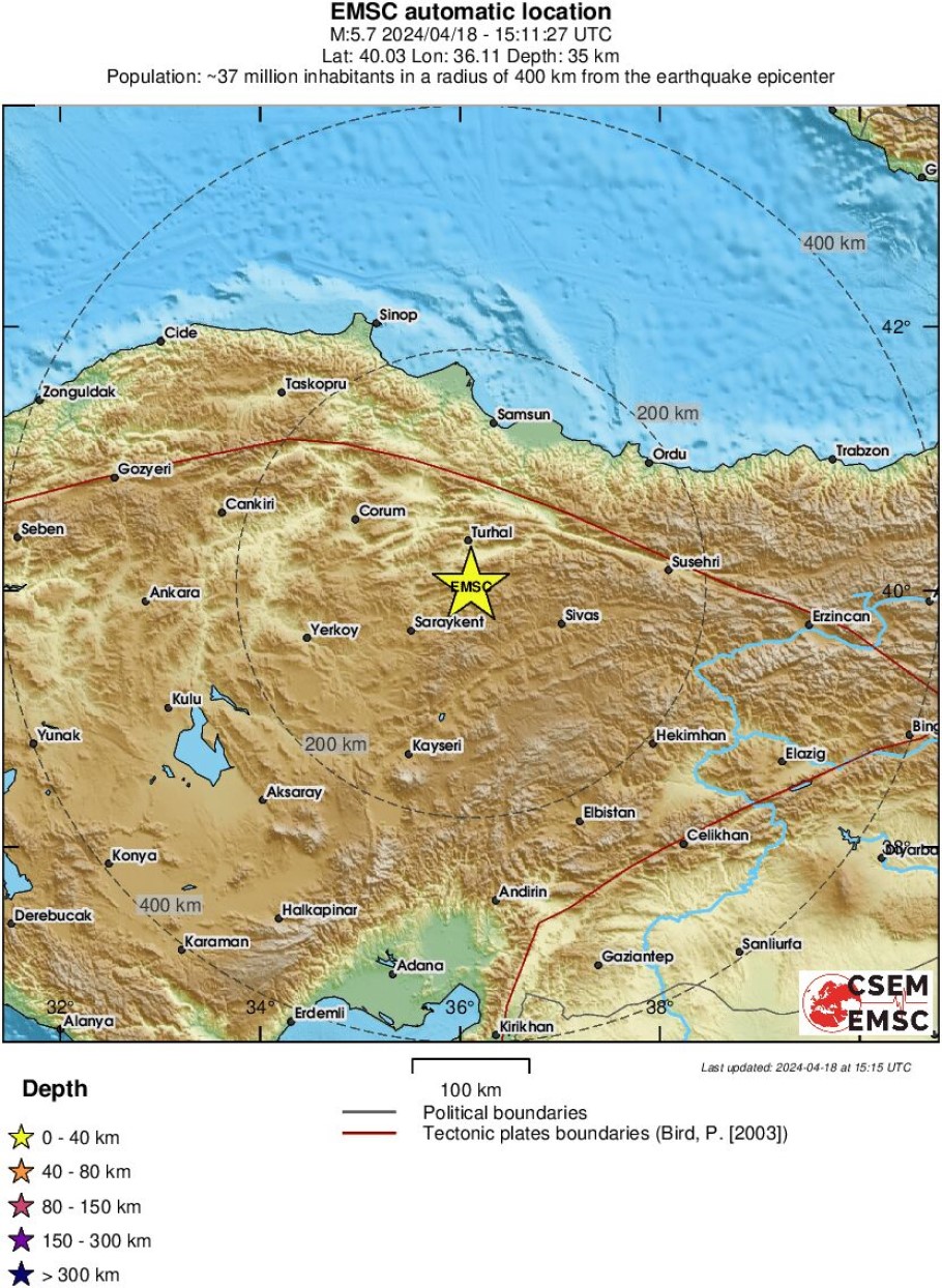 Χάρτης με το επίκεντρο του σεισμού στην Τουρκία © EMSC