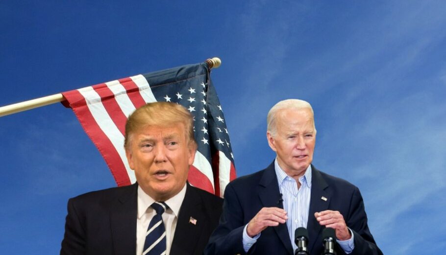 Ντόναλντ Τραμπ και Τζο Μπάιντεν με φόντο τη σημαία των ΗΠΑ © Pixabay/ 123rf/ EPA/ADAM DAVIS / PowerGame