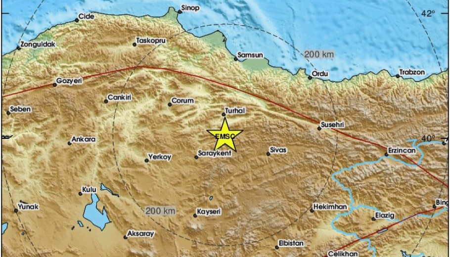 Χάρτης με το επίκεντρο του σεισμού στην Τουρκία © EMSC